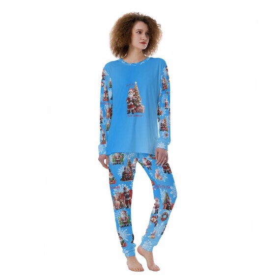 Santa Scenes Print Women’s Pajamas on Blue Background