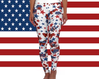 Patriotic High Waisted Leggings for Women |  USA American Flag Stars & Stripes Inspired Yoga Pants for 4th of July Fitness Everyday Wear