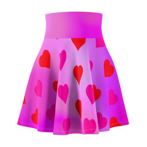 Valentine&#39;s Day Heart Design Pink Ombre Gradient Skater Skirt, Skater, Red Hearts Skirt Flared Mini Skirt, Gifts for Wife or Girlfriend