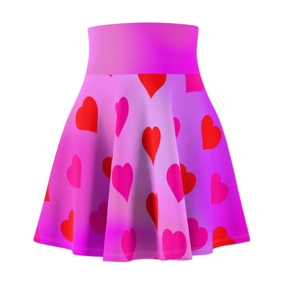 Valentine's Day Heart Design Pink Ombre Gradient Skater Skirt, Skater, Red Hearts Skirt Flared Mini Skirt, Gifts for Wife or Girlfriend