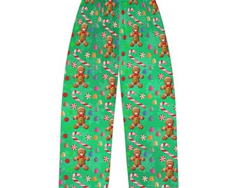 Gingerbread Man Pajama Pants: Green Christmas Holiday Sleepwear