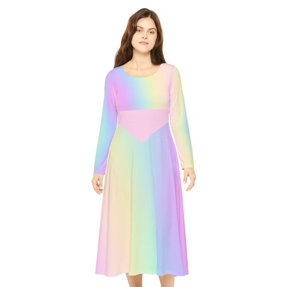 Pastel Rainbow Gradient Skater Dress: Long Sleeve Dance Costume