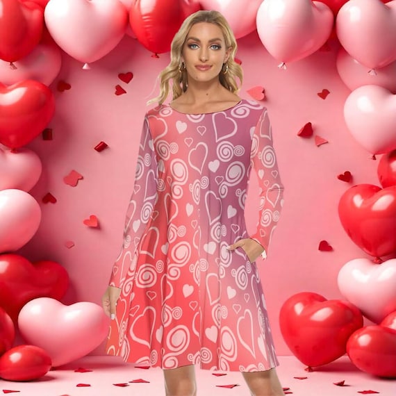 Heart & Swirl Dress: Red Gradient Long Sleeve Party Dress