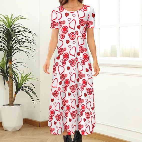 Hearts and Swirls Round Neck Short Sleeve Dress