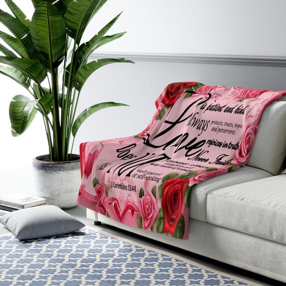 1 Corinthians 13 Sherpa Fleece Blanket: Rose Border, 'Love is' Bible Verse