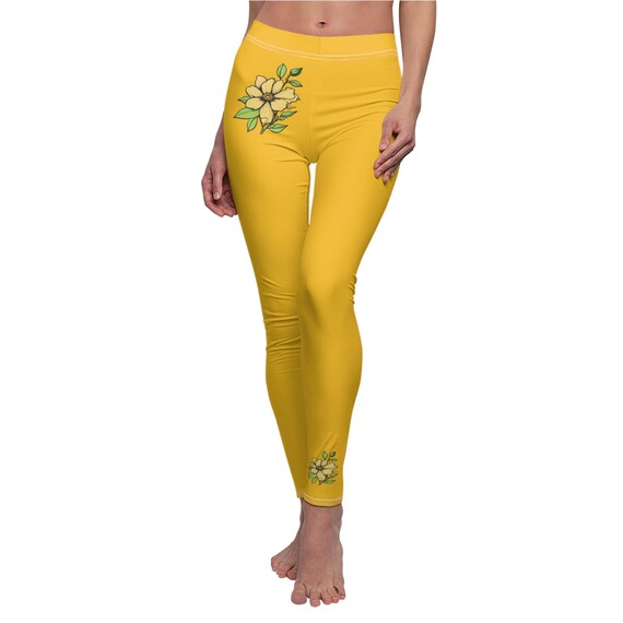 Solid Color Yellow Floral High Waisted Leggings for Women | Soft Yoga Pants with Minimal Flower Design | Stylish Workout & Lounge Wear