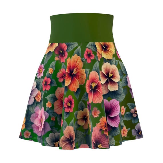 Floral Hibiscus Skater Skirt: Green Hawaiian Print Mini Skirt