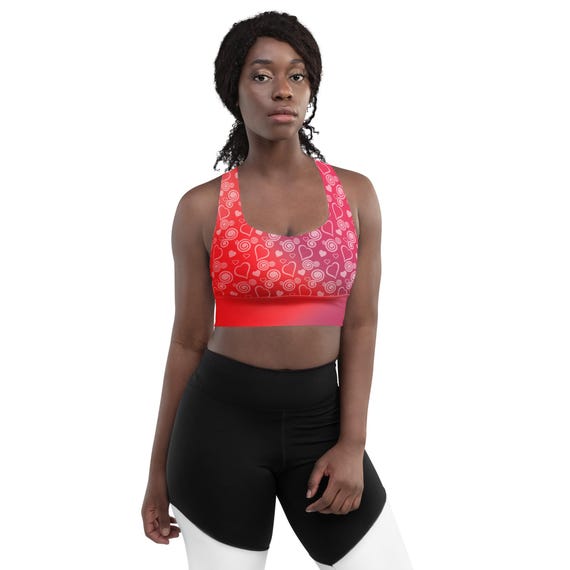 Recycled Longline Sports Bra with Hearts and Swirls on Red Gradient – Eco-Friendly Compression Activewear