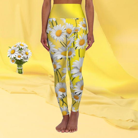 Yellow Daisy Print High Waist Yoga Leggings: Floral Activewear
