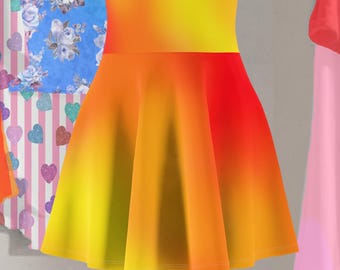 May include: A bright yellow, orange, and red ombre skater skirt with a high waist.