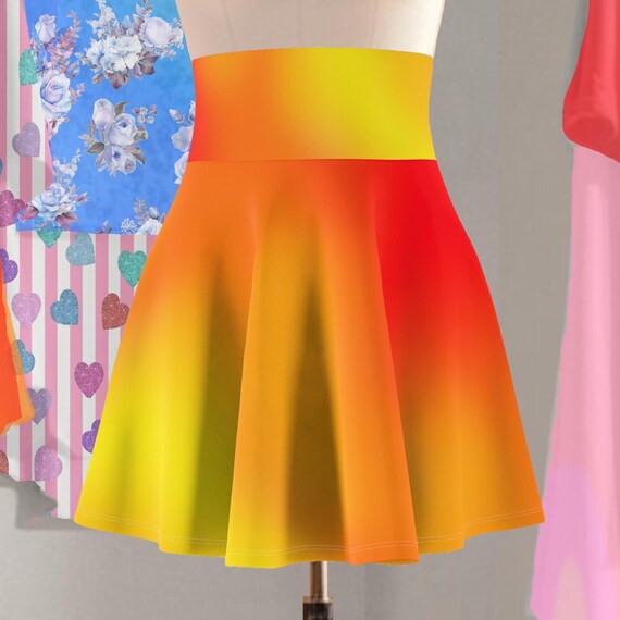 Fire Gradient Skater Skirt: High Waist Ombre Floral Print