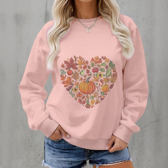 Autumn Heart Leaves Produce Graphic Sweatshirt | Women’s Fall Floral & Harvest Fleece Crew Neck Pullover