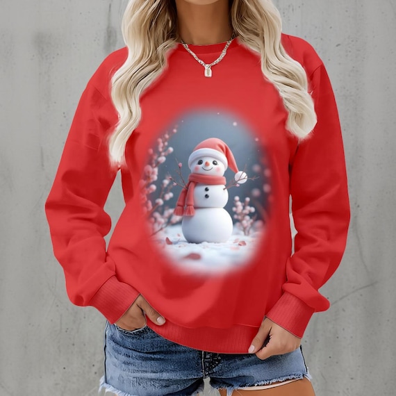 Red Kawaii Snowman Graphic Sweatshirt — Women’s Holiday Crewneck Fleece Pullover
