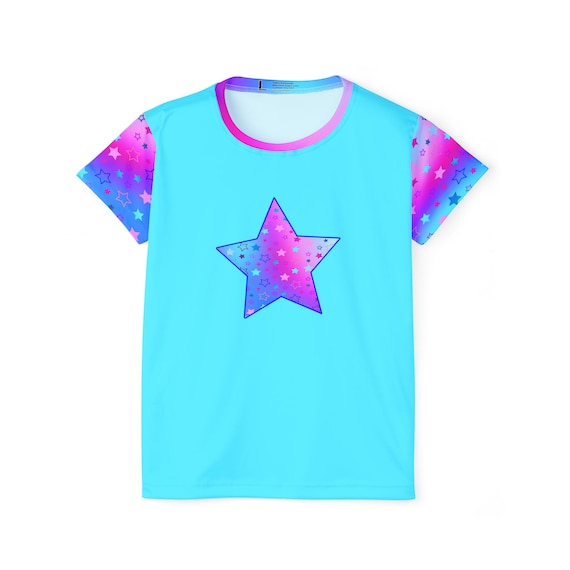 Celestial Blue Pink Purple Pajama Shirt with Stars Round Neck T-Shirt for Women