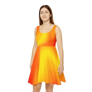 Gradient Women&#39;s Skater Dress, Red Yellow Orange Ombre, Summer Casual Mini, Sleeveless A-Line Sundress, Boho Chic Beachwear, Floral Garden