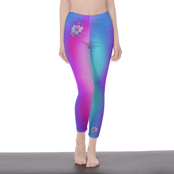 Cool Color Tones Ombre Floral High Waisted Leggings for Women | Soft Yoga Pants with Minimal Flower Design | Stylish Workout & Lounge Wear