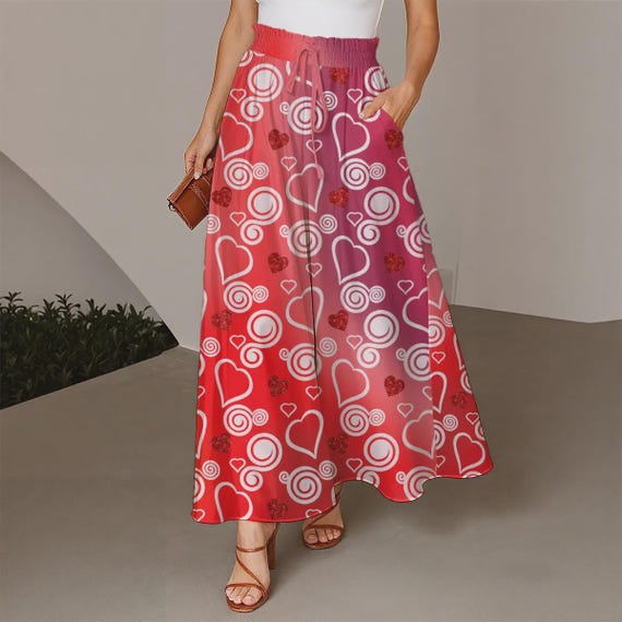 Hearts and swirls Red Gradient Women's Ruffled Wide-Leg Pants