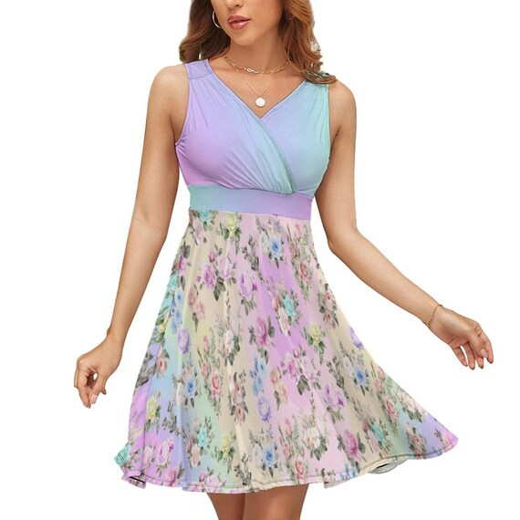 Charming Pastel Rainbow Floral Dress - Sleeveless High Waist with Above Knee Circle Skirt