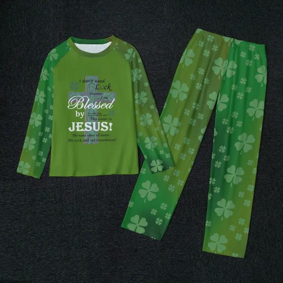 Womens Raglan Pajama Set with, No Luck, Blessed by Jesus Shirt and Shamrock Pants