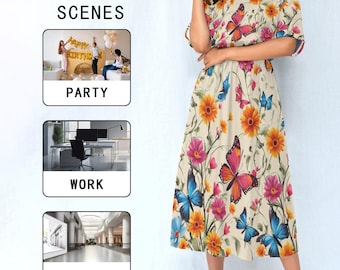 Vestido encantador con flores y mariposas hasta los tobillos - Cómodo diseño de cintura elástica