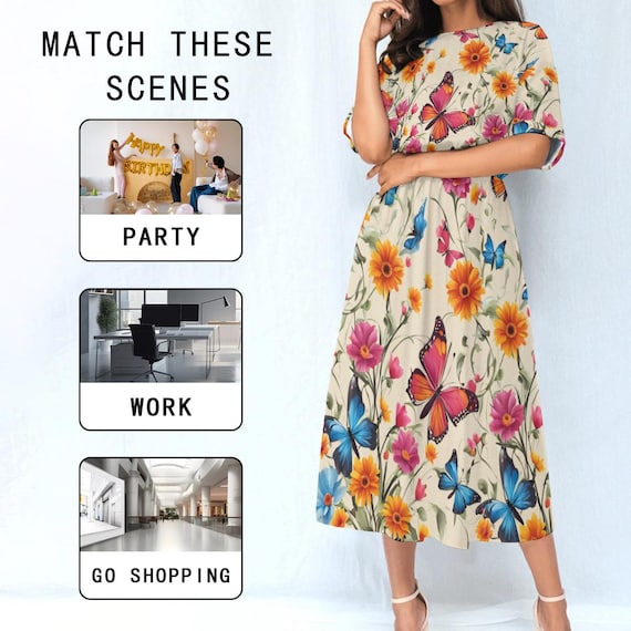 Charming Floral & Butterfly Ankle Length Dress - Comfortable Elastic Waist Design