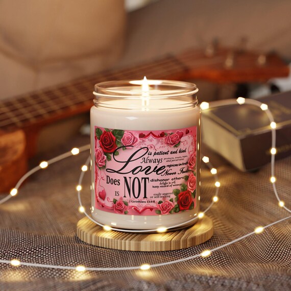 Soy Candle, Love is Bible Verse 1 Corinthians 13:4-8, Hearts & Roses Design, Valentine's Gift, Home Decor, Aromatherapy Candle, Religious