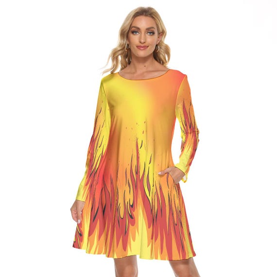 Fire Print Long Sleeve Dress: Vibrant Gradient Knee Length