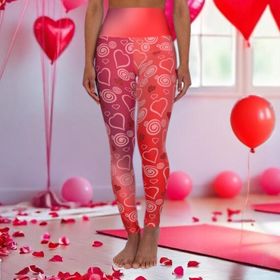 Red Hearts High Waisted Leggings Women | Tummy Control Workout Pants | Vibrant Stylish Gradient Athleisure Valentine's Day Gift Activewear