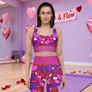 Multicolored Hearts Sports Bra - Pink, Purple, Blue - Eco-Friendly, Longline style, Compression fabric