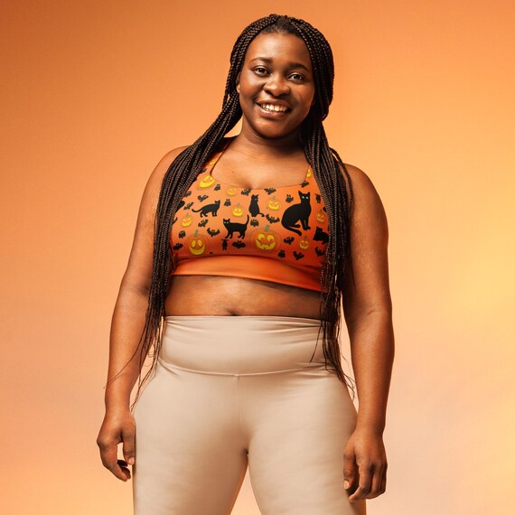 Recycled Halloween Print Longline Sports Bra for Women | Pumpkins, Bats, and Black Kitty Cats | Spooky Activewear
