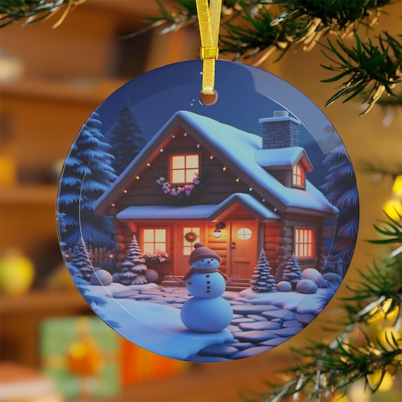Christmas Cottage Glass Ornament: Winter Wonderland Snowman Decor
