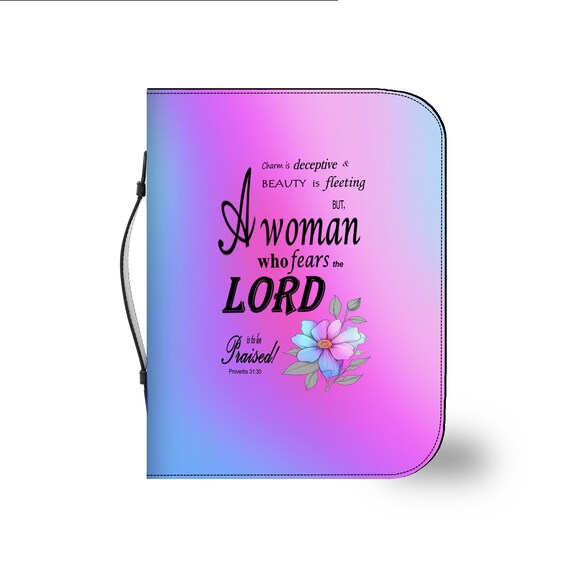 Pink, Blue, & Purple, Floral Bible Cover, Proverbs 31:30 Scripture Quote, Religious Gift Women, Church Accessory, Faith-Based Journal Cover