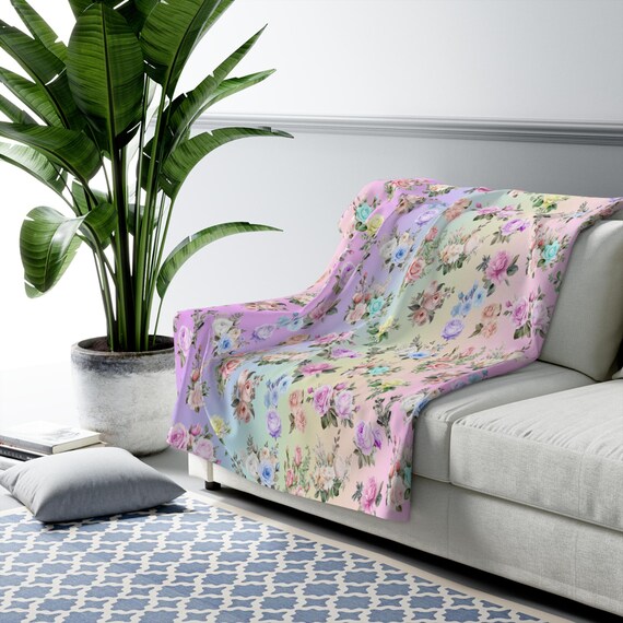 Floral Sherpa Fleece Blanket: Pastel Rainbow Throw Blanket