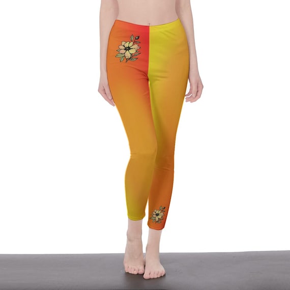 Warm Color Tones Ombre Floral High Waisted Leggings for Women | Soft Yoga Pants with Minimal Flower Design | Stylish Workout & Lounge Wear