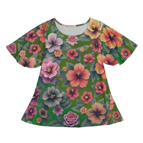 Hibiscus Floral Mini Dress: Colorful Round Neck T-shirt Design with Butterfly Sleeves & Flared Hem on Green Background