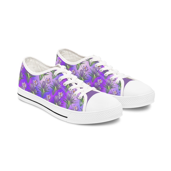 Lavender Floral Canvas Sneakers: Women's Low Top Lace-Up Shoes