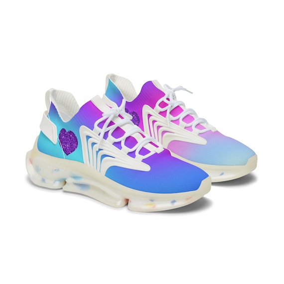 Womens Mesh Sneakers with Pink Blue Purple Gradient Design, Breathable Lace Up Shoes for Colorful Everyday Style