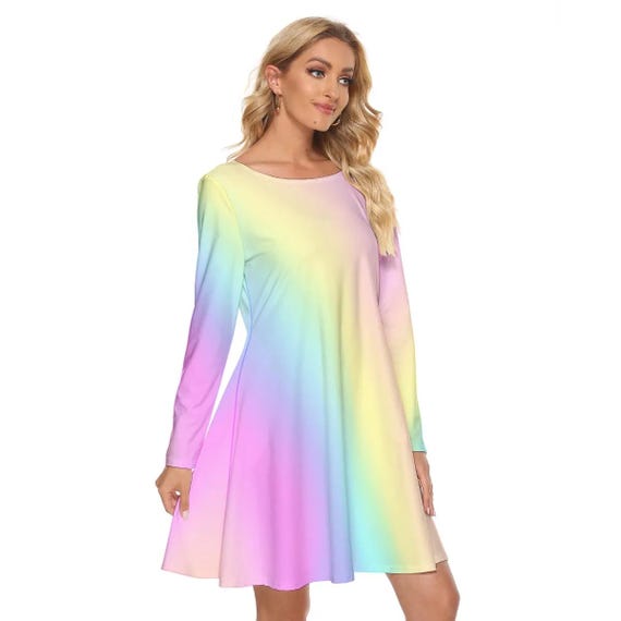 Pastel Rainbow Gradient Mini Dress: Long Sleeve Party Cocktail Dress