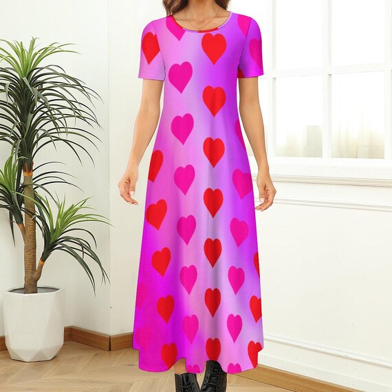 Pink and Red Hearts Round Neck Short Sleeve Dress