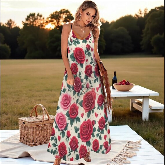 Red Roses Print Maxi Dress: Sleeveless Boho Sling Dress