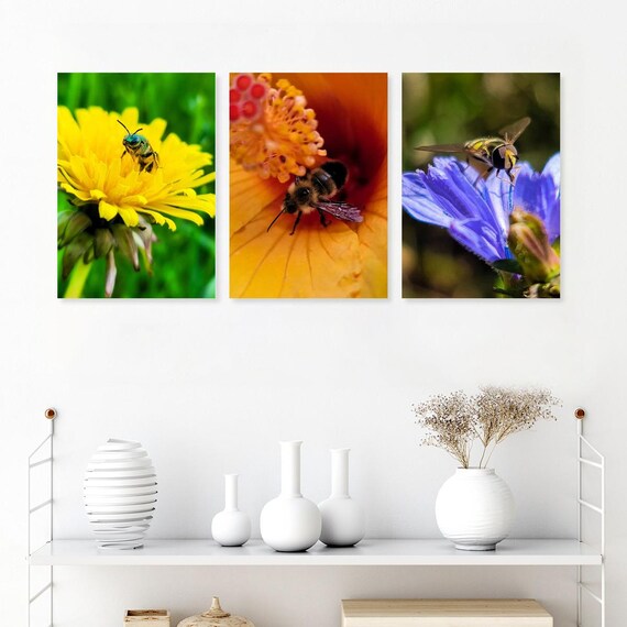Framed Bee Mural: Three-Piece Floral Wall Art