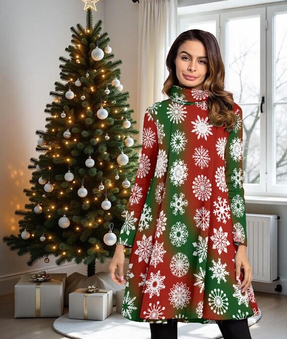 Red and Green Snowflake Mini Dress: High Neck Christmas Cocktail Design