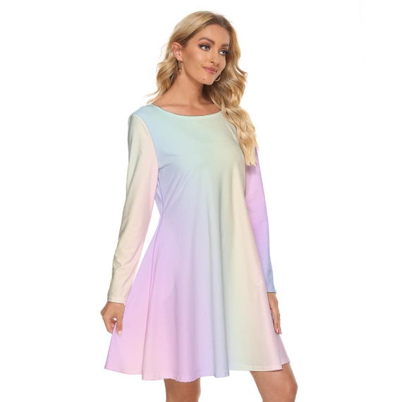 Pastel Rainbow Gradient Dress: Long Sleeve Mini Dress with Pockets