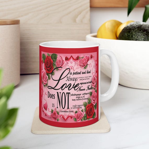 1 Corinthians 13 Romantic Floral Bible Verse 'Love is' Ceramic Mug, Christian Gift for Her, Valentine's Day, Mother's Day, Coffee Lover,