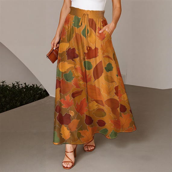 Fall Leaves Skants Women's Ruffled Wide-Leg Pants Maxi Skirt on Brown Gradient