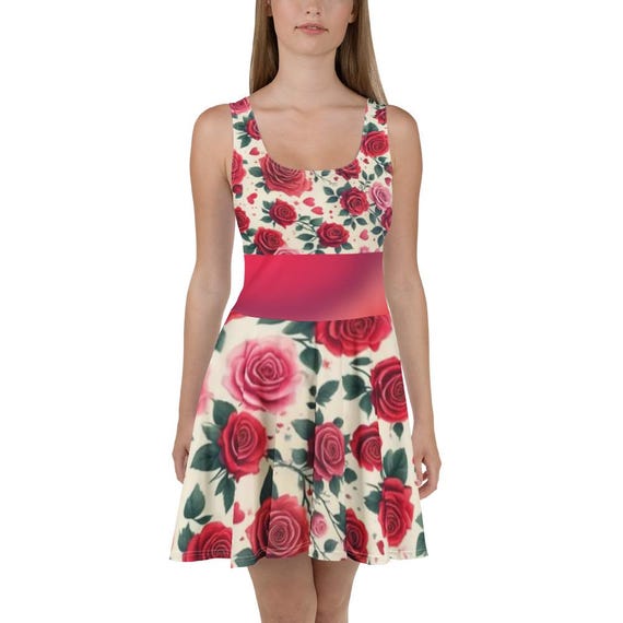 Red Roses Skater Dress: Sleeveless Floral Print, Above Knee