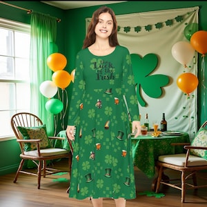 Dansjurk, Ierse geluksbrenger St. Patrick's Day, lange mouw dames, klavertje 4, pot o' gold, kabouter, Ierse bierpul, groene hoge hoed,