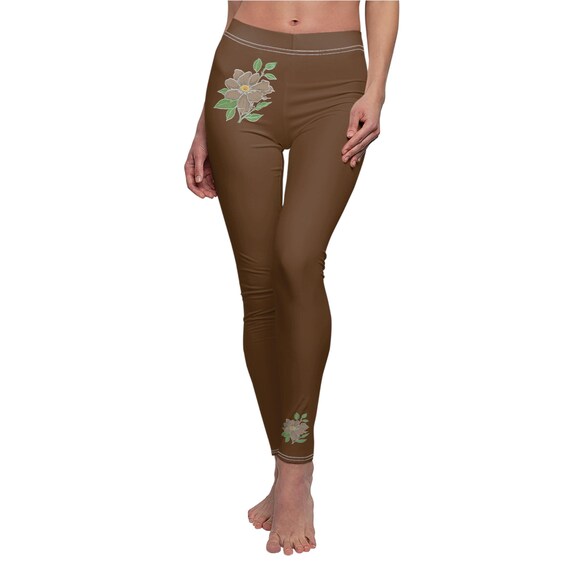 Solid Color Brown Floral High Waisted Leggings for Women | Soft Yoga Pants with Minimal Flower Design | Stylish Workout & Lounge Wear
