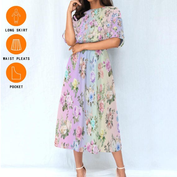 Pastel Rainbow Floral Ankle Length Dress | Women's Elastic Waist Boho Maxi Dress