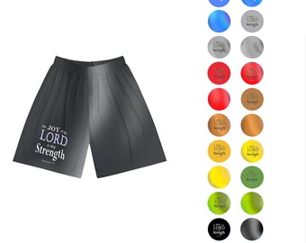Könnte beinhalten: Graue Sport-Shorts mit einem weißen Grafikdruck, auf dem "The Joy of the Lord is my Strength" mit einem Bibelvers darunter steht. Die Shorts haben einen Kordelzugbund.
